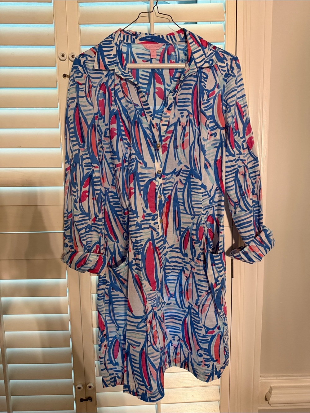 Lilly Pulitzer Blue and Pink Printed Long-Sleeve Shirt Dress